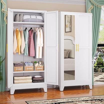 Metal Wardrobe Cabinet with Mirror and Hanging Rod, 71" Metal Clothing Storage Cabinets with 2 Doors and Adjustable Shelves, White Armoire Wardrobe Closet for Bedroom, Laundry Room, Cloak Room