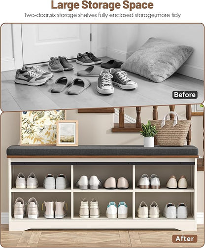 Farmhouse Storage Bench with Cushion, 47.2" Shoe Bench with Slide Barn Doors and Adjustable Shelves, Entryway Bench with Storage for Bedroom, Closet, Living Room, Hallway, White
