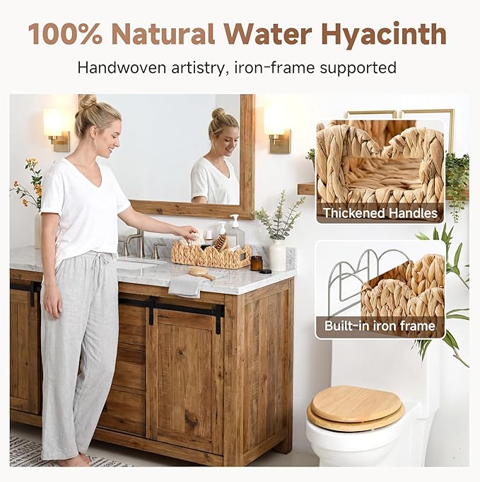 StorageWorks Small Wicker Scalloped Baskets for Bathroom Decor, Water Hyacinth Bathroom Baskets for Storage, Decorative Toilet Paper Basket for Back of Toilet Basket Tank Topper with Handles