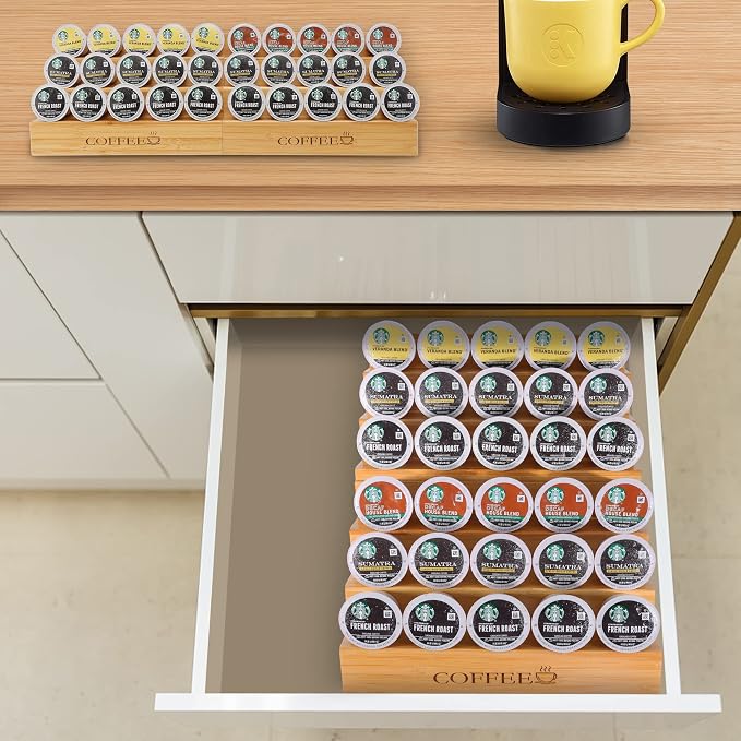 MinBoo Bamboo 2-Piece Step-Shaped K-Cup Holder Drawer or Countertop Organizer for Coffee Station - Holds 30 Coffee Pods