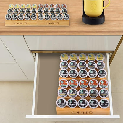 MinBoo Bamboo 2-Piece Step-Shaped K-Cup Holder Drawer or Countertop Organizer for Coffee Station - Holds 30 Coffee Pods