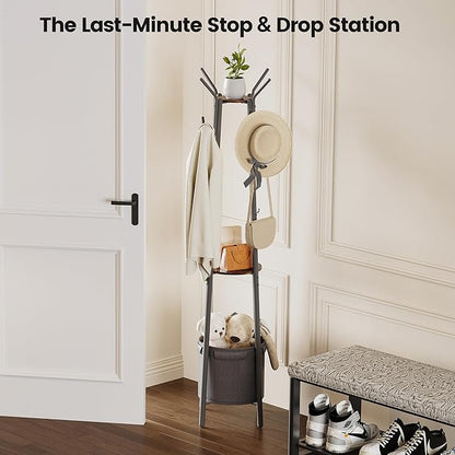 Homeiju Coat Rack Freestanding with Storage Basket & 12 Hooks, Heavy Duty Hall Tree for Entryway, Standing Coat Rack with Shelf for Hallway, Bedroom, Office Organization