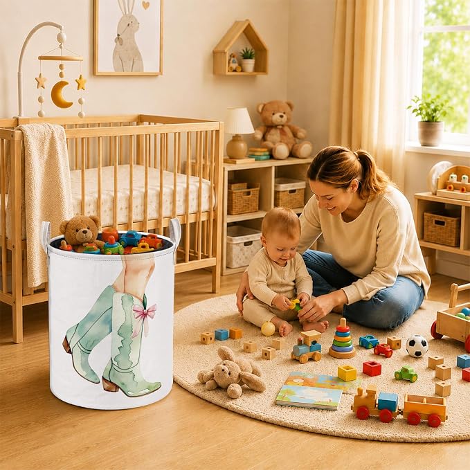 Pink Bow Cowgirl Western Laundry Basket, Sage Green Boots Southwestern Laundry Hamper Waterproof Collapsible Clothes Toys Storage Bin Organizer for Girls Bedroom Bathroom Home