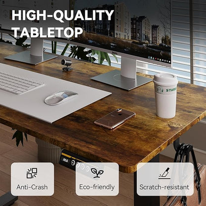Large Electric Standing Desk,55x24 Inches Adjustable Height Stand up Desk, Sit Stand Home Office Desk, 3 Preset Heights,Equipped with Hooks,Ergonomic Computer Desk Workstation，Brown