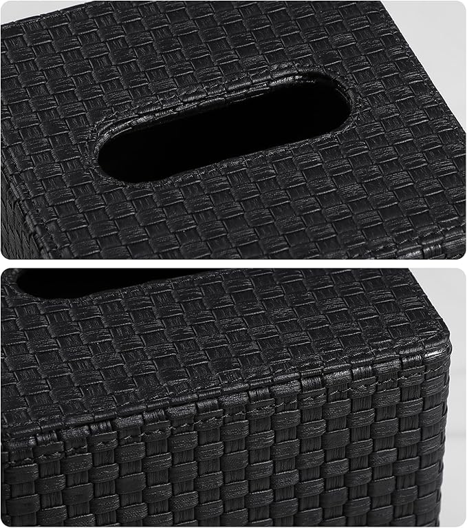 Square Tissue Box Cover, Stylish Leather Tissue Box Holder with Magnetic Bottom, Used As A Decorative Tissue Holder for Living Rooms, Bedrooms, and Desks(Black Woven Pattern)