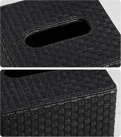 Square Tissue Box Cover, Stylish Leather Tissue Box Holder with Magnetic Bottom, Used As A Decorative Tissue Holder for Living Rooms, Bedrooms, and Desks(Black Woven Pattern)