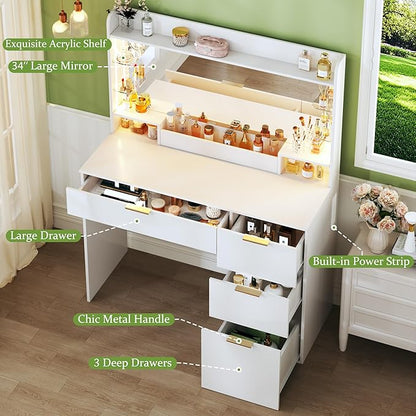Vanity Desk with Mirror and Lights, Makeup Vanity with Lights, 3 Color Lighting Modes, Vanity Desk with Large Mirror & 4 Storage Drawers & Acrylic Shelves for Bedroom, White