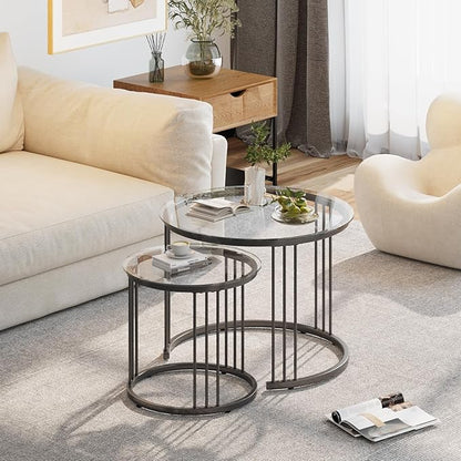 Garden 4 you Nesting Coffee Table, 23.6" Round Coffee Table Set of 2, Glass Nesting Table with Metal Frame, Ceter Tables for Living Room Bedroom Balcony, Black