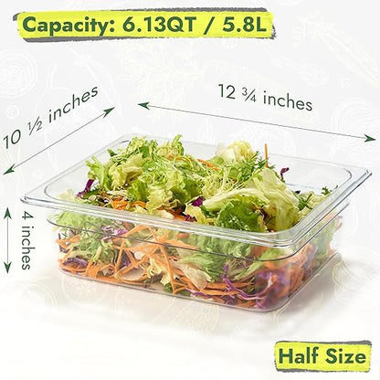 CURTA 4-Pack 1/2 Size 4" Deep NSF Polycarbonate Food Pans with Handled Lids & Drain Trays | Dishwasher & Freezer Safe Clear Container for Prep Tables, Buffet, Salad Bar, Commercial Kitchen
