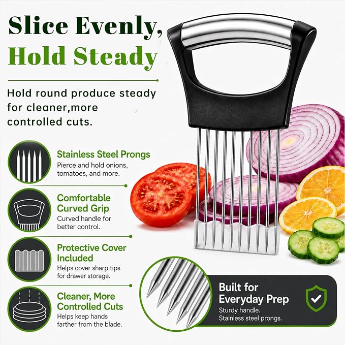 Onion Holder for Slicing & Crinkle Cutter Knife, 2 Piece Kitchen Prep Tool Set, Stainless Steel Onion Slicer Prongs, Wavy Knife, Potato Cutter for Fries, Tomato, Cucumber, Carrot