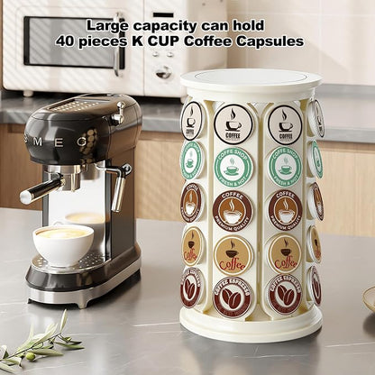 K Cup Holder, Coffee Pod Storage Carousel Stand Compatible with 40 Keurig K-Cup Pods, Home or Office Kitchen Counter Space-Saving Organizer (White)
