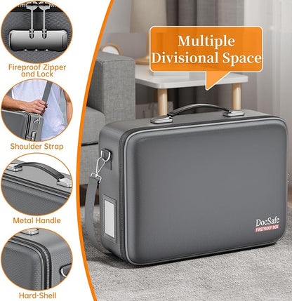 DocSafe Fireproof Document Box with Lock＆Shoulder Strap,Hard Case File Organizer with Accordion File Folder,Multi-Layer Portable Home Office Travel Safe Storage for Important Documents Laptop Gray