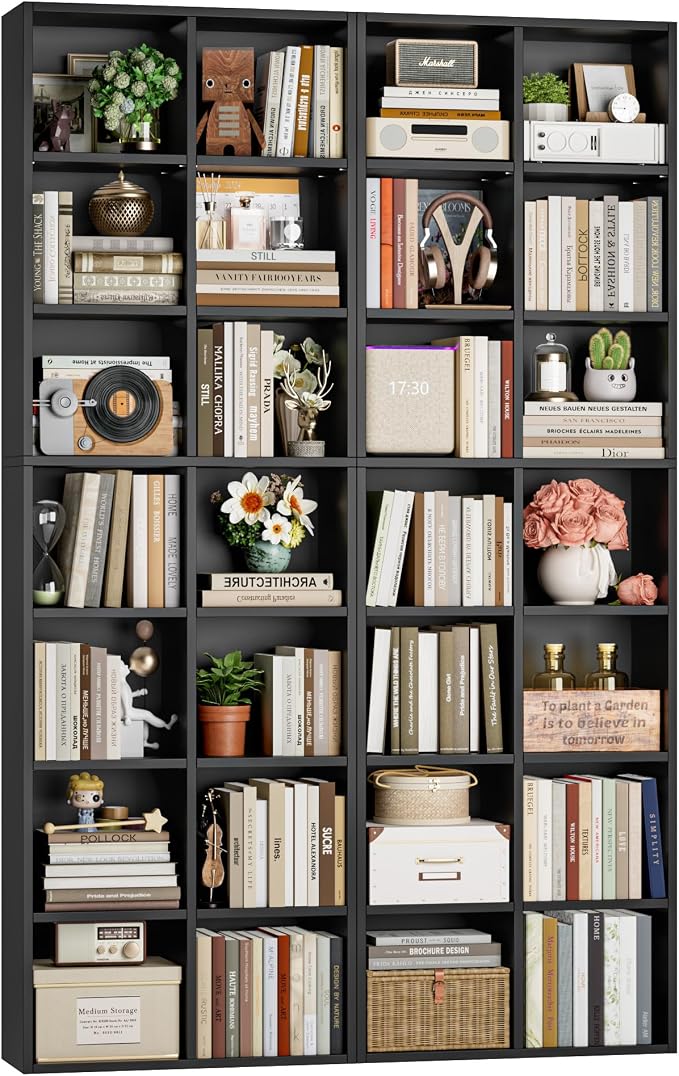 FOTOSOK 71'' Tall Bookshelf Set of 2, 7 Tier Large Black Bookshelf with Adjustable Shelves, Wide Bookcases and Bookshelf, DVD/CD Media Tower Storage, Cube Book Shelf Display Shelf Cabinet, Black