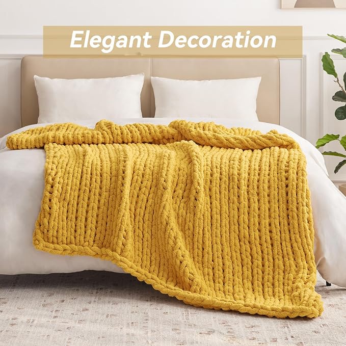 Negwoo Chunky Knit Throw Blanket, 80''*90'' Knitted Throw Chenille Yarn for Bed Couch, Handmade Yellow Crochet Big Thick Blanket, Machine Washable Cute Comfy Blanket for Home Decor