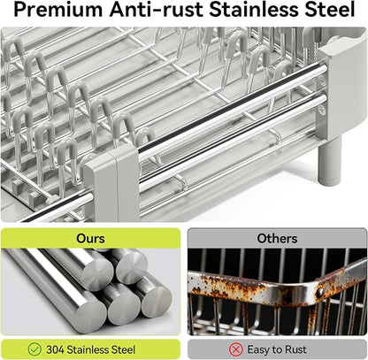 Urackify Extendable Dish Drying Rack, Dual Part Dish Drainers with Non-Scratch and Movable Cutlery Drainer and Drainage Spout, Adjustable Dish Rack for Kitchen, Gray & White