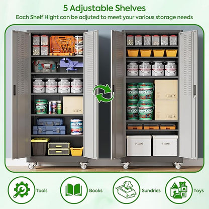 Aobabo Upgraded Garage Storage Cabinets with Wheels,Metal Storage Cabinets with 5 Adjustable Shelves for Garage Home Office Storage, Black&Dark Grey,71''H*32''W*16''D,Assembly Required