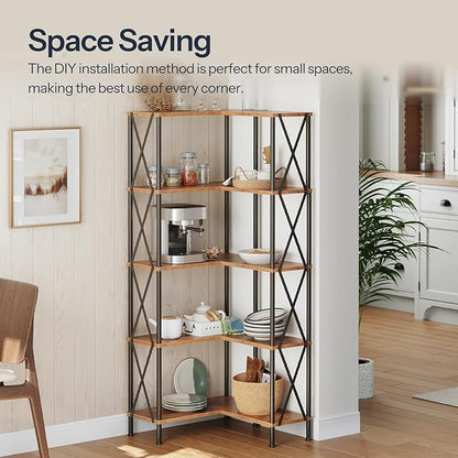 HOOBRO Corner Bookshelf, 5-Tier L-Shaped Bookcase, Industrial Open Display Shelf Tall Storage Organizer, Vertical Storage Rack, for Living Room, Home Office, Rustic Brown and Black BF60SJ01