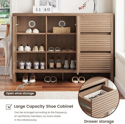 45.7" Wide Shoe Cabinet, Large Shoe Storage Cabinet with 3 Drawers & 2 Grille Doors, 3-Tier Farmhouse Walnut Shoe Organizer Rack for Entryway, Hallway, Living Room