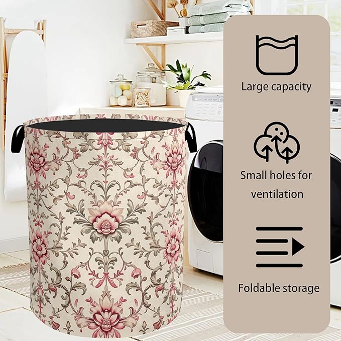 Vintage Floral Patterns Laundry Basket - Heavy Duty 60L Dirty Clothes Organizer, Water Resistant Foldable Hamper for Men Women