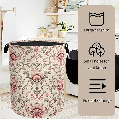 Vintage Floral Patterns Laundry Basket - Heavy Duty 60L Dirty Clothes Organizer, Water Resistant Foldable Hamper for Men Women