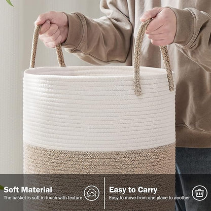 YOUDENOVA Woven Rope Laundry Hamper Basket, 58L Tall Laundry Basket, Baby Nursery Hamper for Blanket Storage in Bedroom-Large-Brown