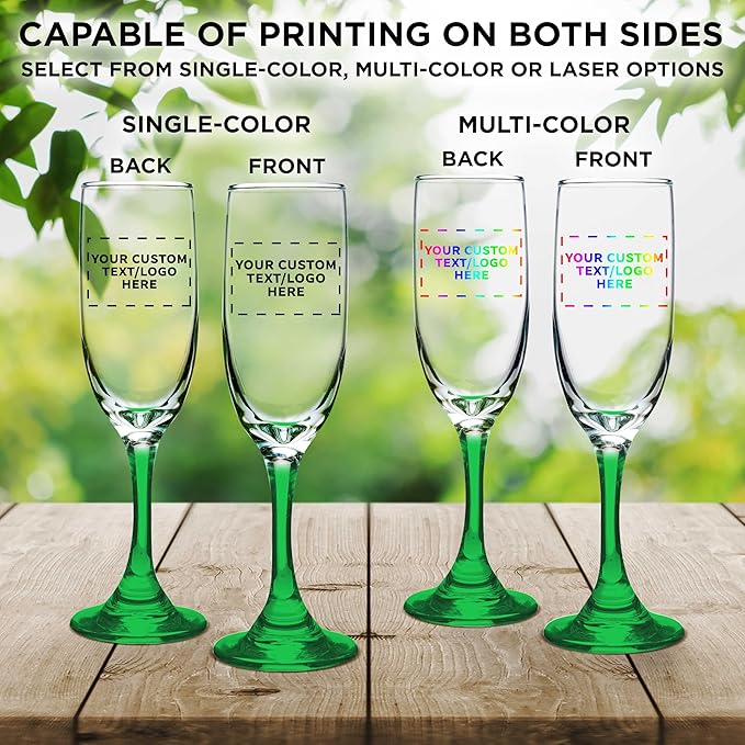 DISCOUNT PROMOS Custom Premiere Champagne Flutes 6.25 oz. Set of 100, Personalized Bulk Pack - Elegant Drinkware for Weddings, Events, & Promotional Gifts - Green