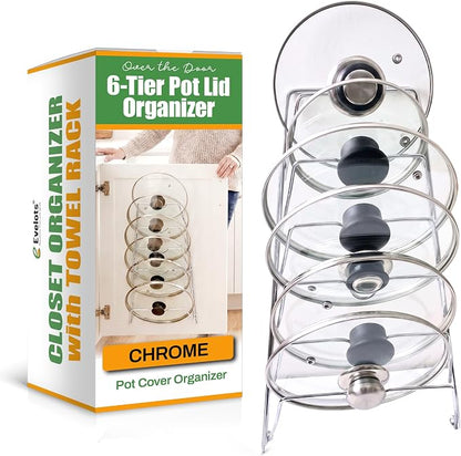 Evelots 6-Tier Pot Lid Organizer for Cabinet Door or Pantry Wall - Pots and Pans Lid Holder Rack - Glass or Metal Pan Covers Cabinet Organizer Kitchen Storage - Chrome Finished