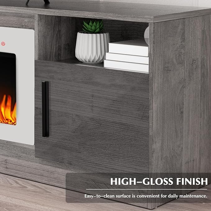 LEMBERI 70" Grey TV Stand with 36" White Electric Fireplace, 750W/1500W Entertainment Center for TVs up to 80", 20-Color LED, 300lbs Max Capacity High Gloss Cabinet, Grey & White Style