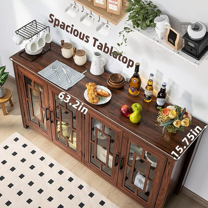 Large Sideboard Buffet Cabinet with Storage, 63" Farmhouse Brown Kitchen Coffee Wine Bar Cabinet with 4 Glass Doors, Wood Mid Century Modern Side Board Table for Dining Room, Living Room