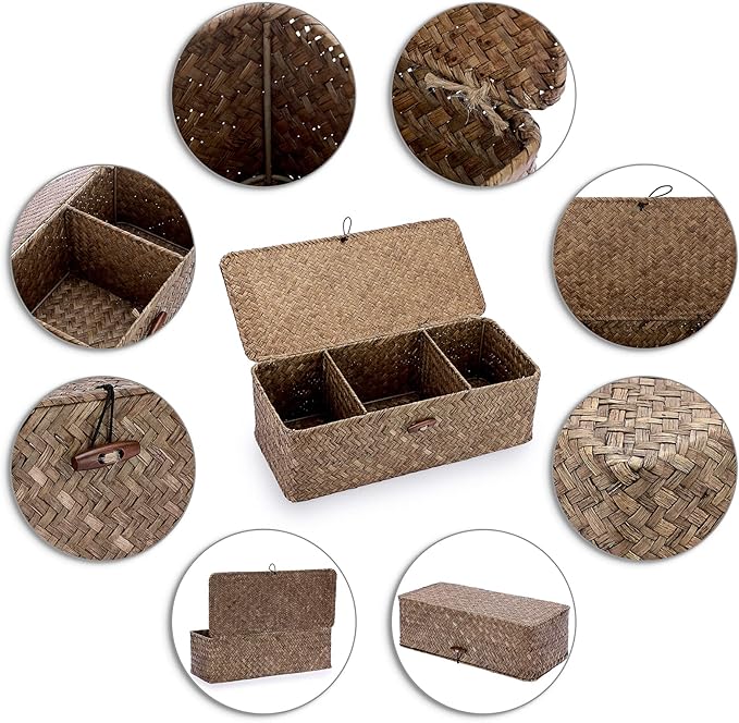 Sumnacon Seagrass Storage Basket with Lid Wicker Storage Baskets with Sections,Small Woven Shelf Basket for Toiletries Tampon, Seagrass Basket for Shelf Bathroom Toilet Table Counter,Coffee