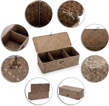 Sumnacon Seagrass Storage Basket with Lid Wicker Storage Baskets with Sections,Small Woven Shelf Basket for Toiletries Tampon, Seagrass Basket for Shelf Bathroom Toilet Table Counter,Coffee