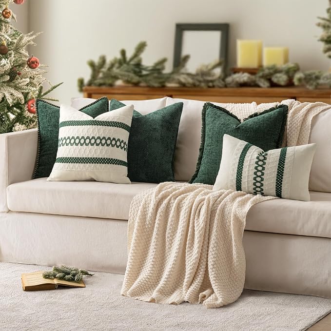 MIULEE Pack of 2 Pillow Covers 20x20 Inch Dark Green Farmhouse Decorative Throw Pillow Covers with Stitched Edge Soft Chenille Solid Dyed Couch Pillow Covers for Sofa Bed Living Room