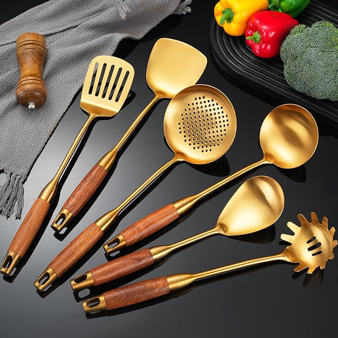 Gold Kitchen Utensils Set with Wooden Handle, 6 PCS Professional 18/10 Stainless Steel Cooking Utensils Set, Wok Spatula, Ladle, Skimmer, Slotted Spatula Turner, Spaghetti Spoon, Large Spoon