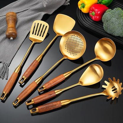 Gold Kitchen Utensils Set with Wooden Handle, 6 PCS Professional 18/10 Stainless Steel Cooking Utensils Set, Wok Spatula, Ladle, Skimmer, Slotted Spatula Turner, Spaghetti Spoon, Large Spoon