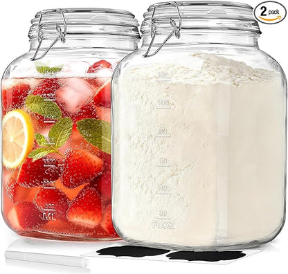 1 Gallon Wide Mouth Glass Jars with Airtight Lids, Large Glass Storage Containers with Lids, 4200 ML Mason Jars with 2 Scales - Canning Jars with Large Capacity, Canister for Pet Food, 2 Pack