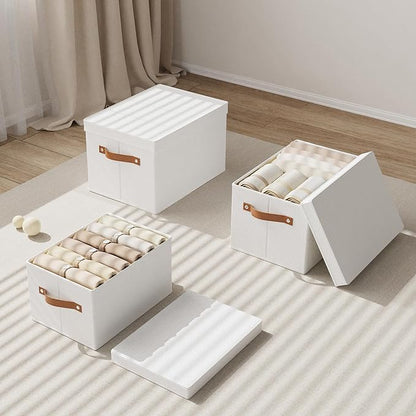 YheenLf Fabric Storage Bins with Lids, 15 x 9.8 x 8.3 Inch Storage Boxes for Shelves Wardrobe Bedroom, Closet Organizers with Handles, White, 3-Pack