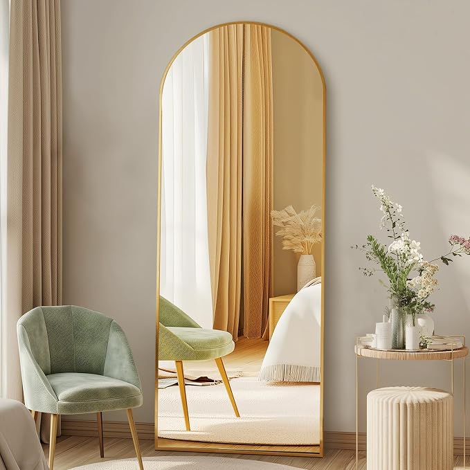 NEWBULIG Arched Mirror Full Length, 56"x15" Body Wall Mirrors with Shatter-Proof Glass, Upgraded Floor Standing Mirror, Hanging or Leaning, with Stand Aluminum Alloy Frame for Home Decor, Gold
