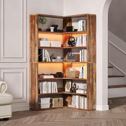 4 EVER WINNER Corner Bookshelf, 6 Tier Bookcase with LED Light and Storage, Industrial Tall Bookshelf Etagere Bookcase, 71” Corner Book Shelf with Storage Display Rack with Baffles for Home Office
