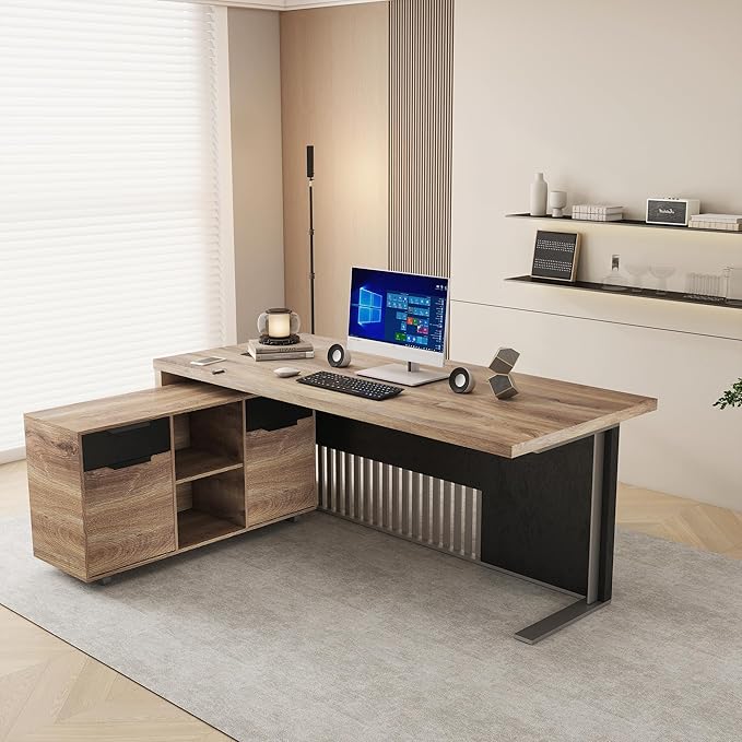 SAINTCY 70.87 L Shaped Executive Desk with Drawers, Modern Computer Writing Desk with File Cabinet, Business Furniture W/Stand Under Storage Organizer with Wheels,1.97IN Thick Desktop
