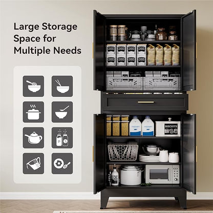 COFaR 71" Modern Pantry Cabinet with Drawer, Black Storage Cabinet with Adjustable Shelves, 3-Section Industrial Cupboard for Kitchen & Office
