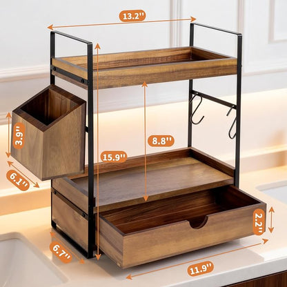 2-Tier Bathroom Counter Organizer with Drawer and Basket, Acacia Wood Countertop Organizer for Storage, Skincare Organizers for Vanity, Counter Shelf for Bathroom Organization(Acacia Wood-Dark Brown)
