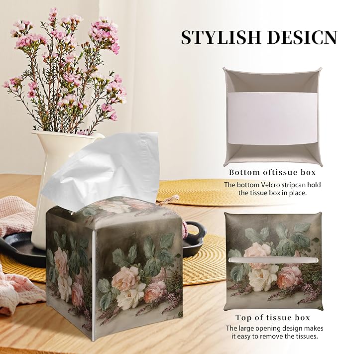 Grace Yonks Retro Tissue Box Cover Square - Vintage Garden Roses Design 5.2" PU Leather Holder for Vanity, Desk, or Bathroom Counter - Cube Case for Facial Tissues. (115)