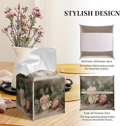 Grace Yonks Retro Tissue Box Cover Square - Vintage Garden Roses Design 5.2" PU Leather Holder for Vanity, Desk, or Bathroom Counter - Cube Case for Facial Tissues. (115)