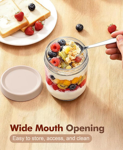 4 pack 16 oz Overnight Oats Containers with Lids and Spoons Glass Jars with Airtight Lids: Wide Mouth Mason Salad Jars, Leakproof and Reusable Glass Food Storage Container for Yogurt Snacks Spice