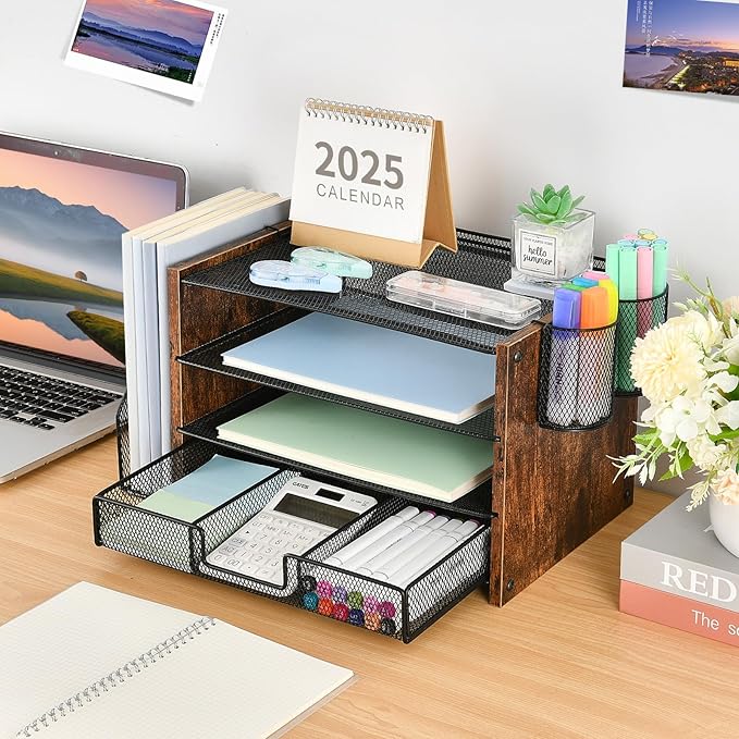 OPNICE Desk Organizer, 4-Tier Desktop File Organizer with Drawer and 2 Pen Holders, Office Desk Accessories, File Sorters, Workspace Organizers for Office Supplies(Brown Wood)