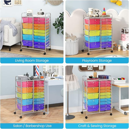 Giantex 15 Drawer Rolling Cart with Drawers, Storage Organizer Cart for Classroom Office School Teacher, Mobile Drawer Cart for Tools, Crafts, Small Printer, Paper (Clear Red+Orange+Green+Blue+Purple)