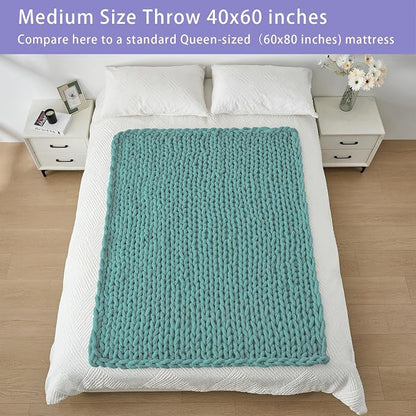 Bigacogo Chunky Knit Throw Blanket for Couch, 40x60 inches, 100% Hand Knitted with Thick Jumbo Chenille Yarn, Cozy Soft Large Rope Knot Cable Crochet Blankets for Sofa Bed Living Room, Light Teal