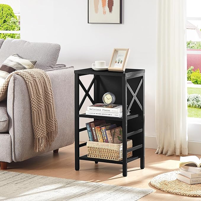MNEETRUNG Small Bookshelf,3 Tier Industrial Bookcase with Metal Frame and Backboard,Low Black Book Shelf,Book case for Small Spaces,Living Room,Bedroom and Home Office