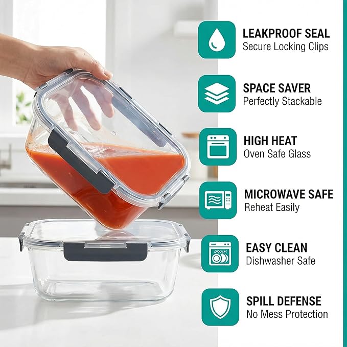 5 Pack 36oz Large Glass Food Storage Containers with Lids Airtight Food Storage Meal Prep Containers for Lunch, Dishwahser, Microwave, Oven and Freezer Safe