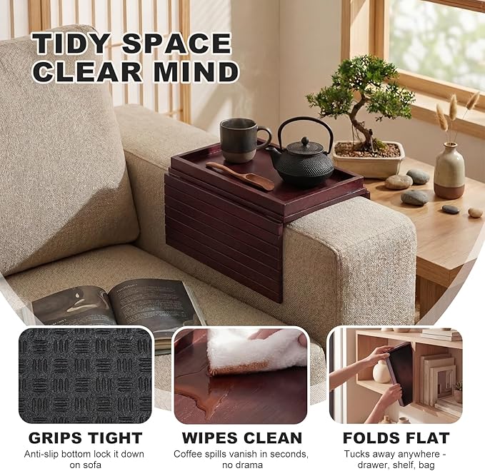 Sofa Arm Tray, Foldable Bamboo Couch Armrest Table with Large 12.5" x 5.8" Storage Compartment, Portable Chair Couch Caddy Arm Tray for Cup TV Snacks Phone (Velvet Mahogany)